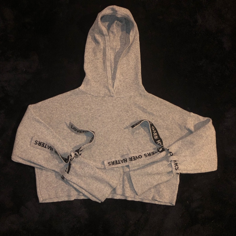 H&M Gray Cropped Hoodie with Ribbon Details